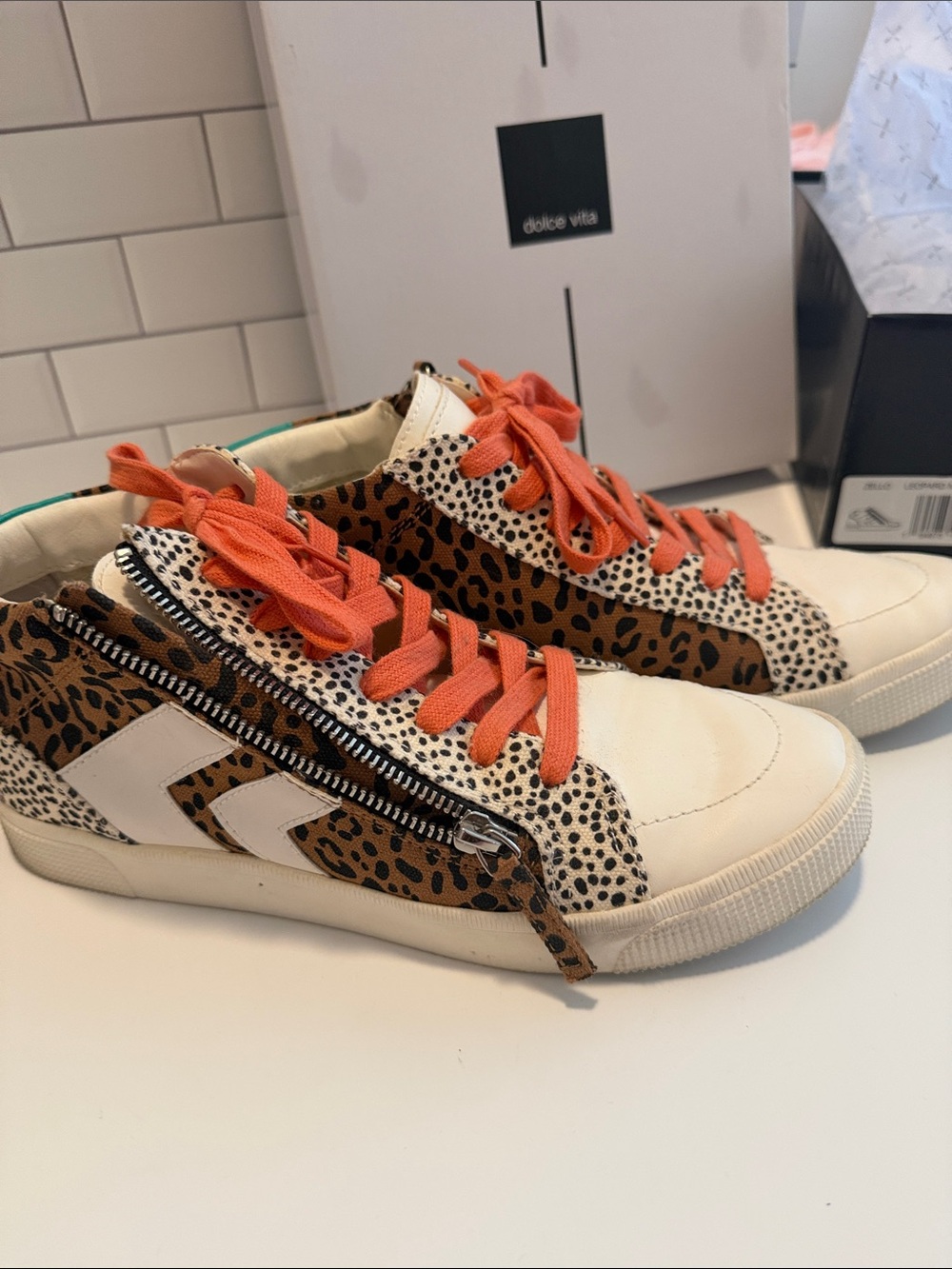 Dolce Vita White & Brown Leopard Print Sneakers with Orange Laces